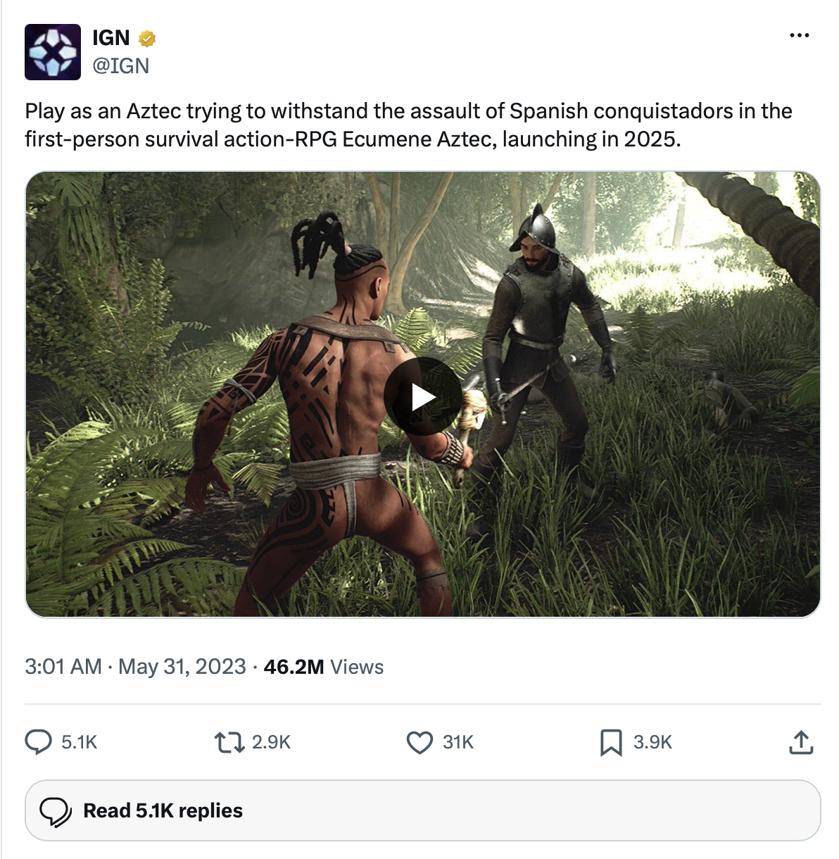 IGN tweet about Ecumene Aztec with 46.2M views